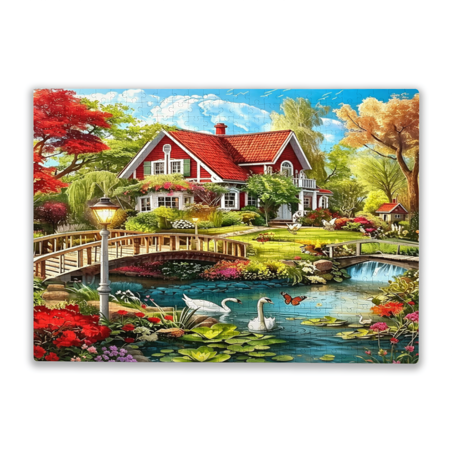 Whimsical Red Roof Lakeside Manor Swan Garden Puzzle | 300 500 1000 Pieces