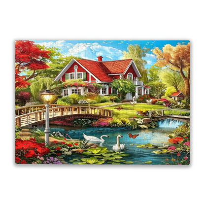 Whimsical Red Roof Lakeside Manor Swan Garden Puzzle | 300 500 1000 Pieces