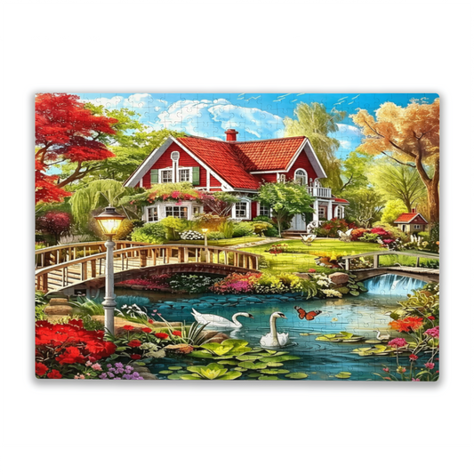 Whimsical Red Roof Lakeside Manor Swan Garden Puzzle | 300 500 1000 Pieces