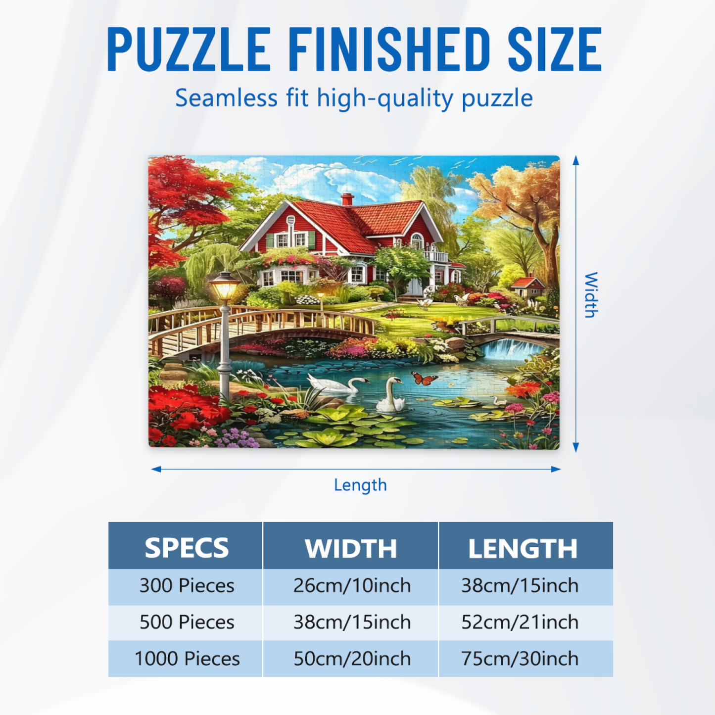 Whimsical Red Roof Lakeside Manor Swan Garden Puzzle | 300 500 1000 Pieces