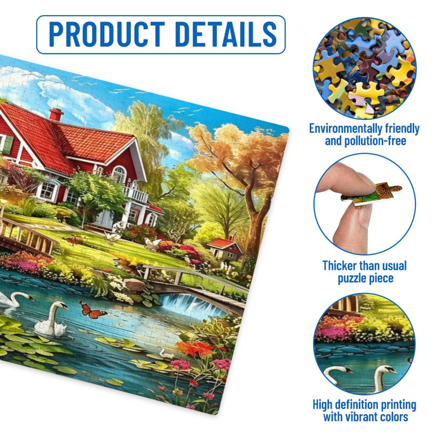 Whimsical Red Roof Lakeside Manor Swan Garden Puzzle | 300 500 1000 Pieces