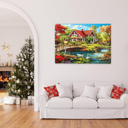 Whimsical Red Roof Lakeside Manor Swan Garden Puzzle | 300 500 1000 Pieces