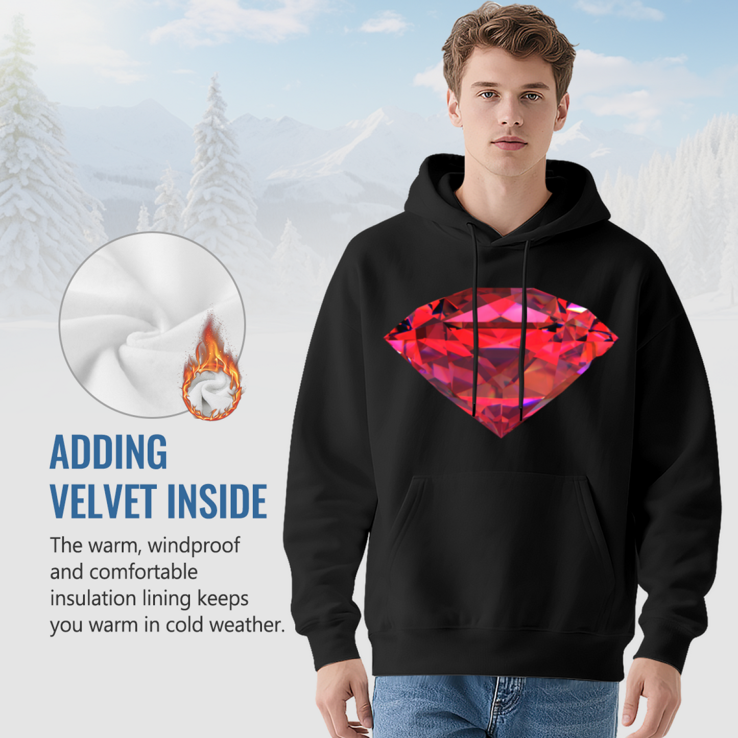 Shiny Red Ruby Diamond Black Hoodie, Unisex Fashion Comfort Hooded Top