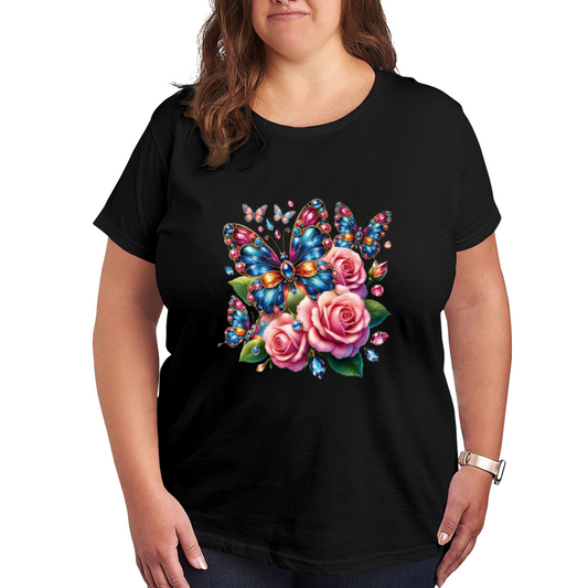 Shiny Gem Butterfly Pink Rose Floral Big Size T-Shirt