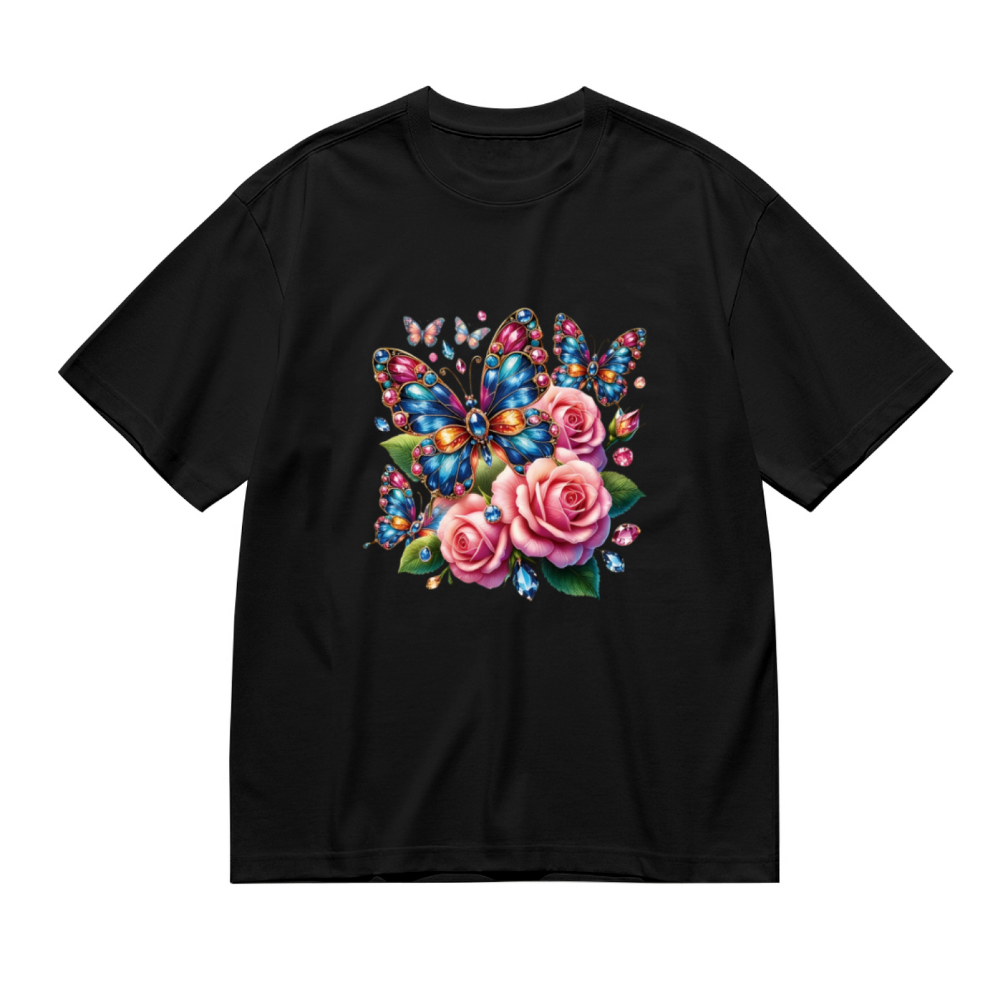 Shiny Gem Butterfly Pink Rose Floral Big Size T-Shirt