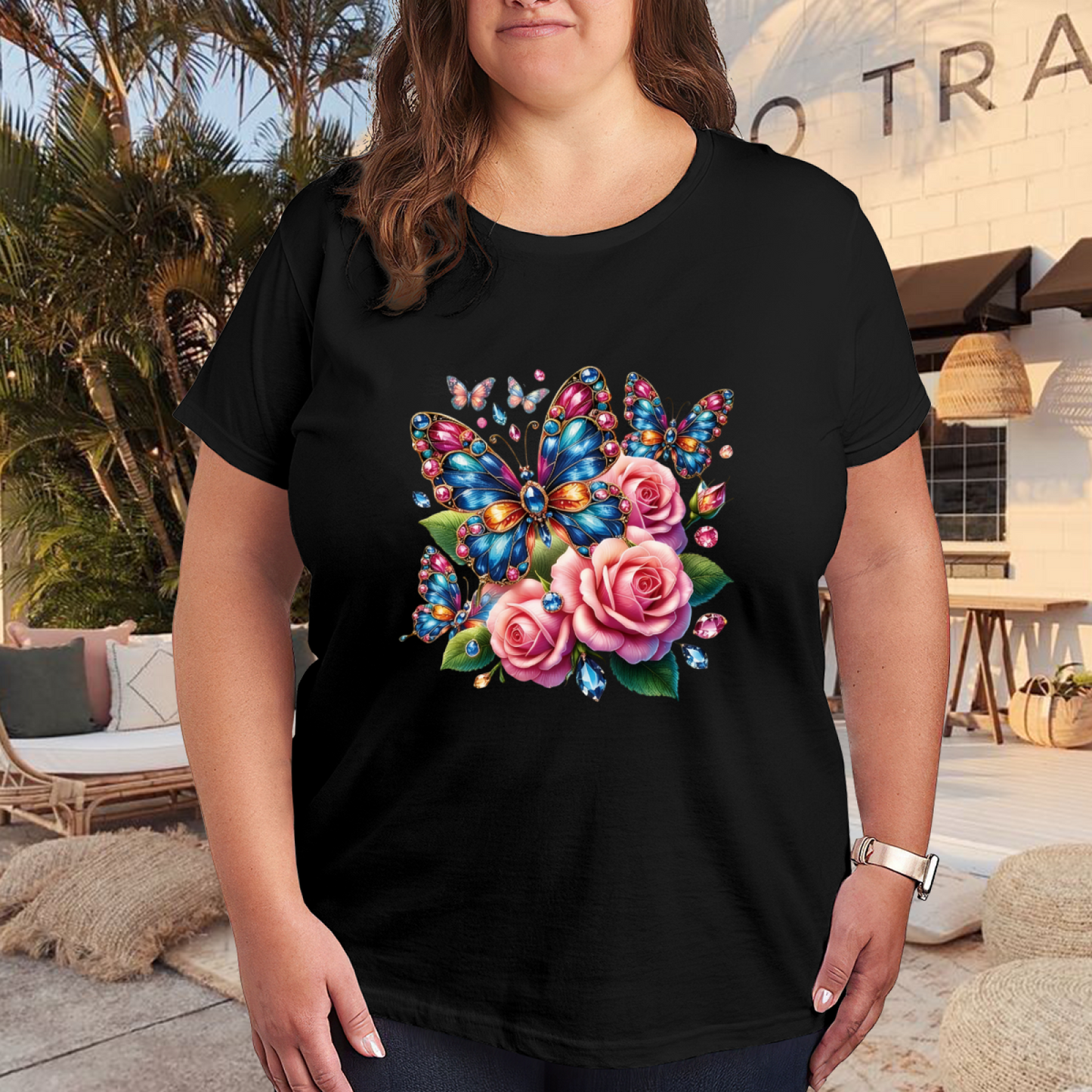 Shiny Gem Butterfly Pink Rose Floral Big Size T-Shirt
