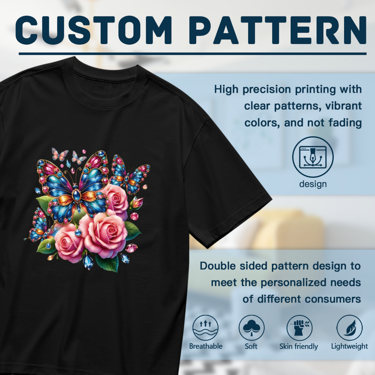 Shiny Gem Butterfly Pink Rose Floral Big Size T-Shirt