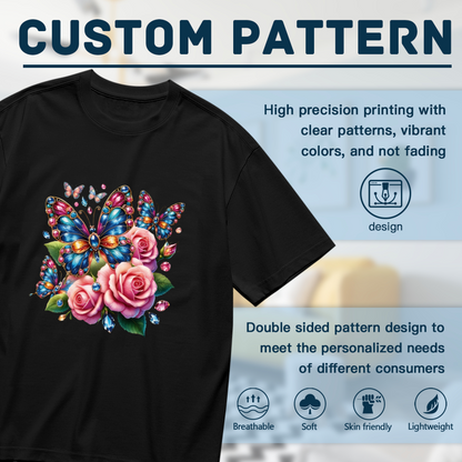 Shiny Gem Butterfly Pink Rose Floral Big Size T-Shirt