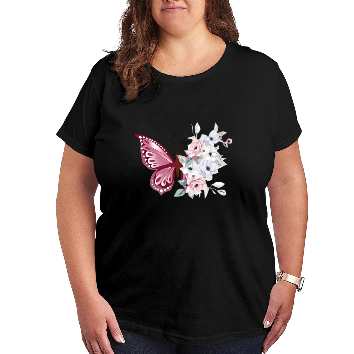 Soft Pink Butterfly With Pastel Floral Watercolor Print Plus Size Women¡¯s T-Shirt