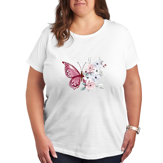 Soft Pink Butterfly With Pastel Floral Watercolor Print Plus Size Women¡¯s T-Shirt