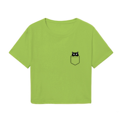 Pocket Black Cat Fresh Lime Green Crop Tee