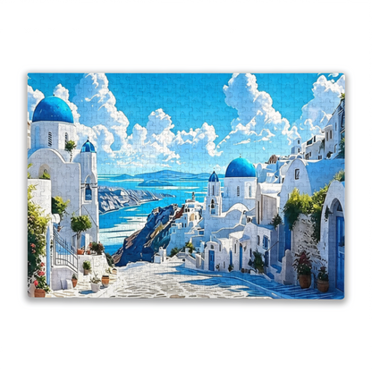 Santorini Blue Dome White Buildings Aegean Sea Scenic Puzzle