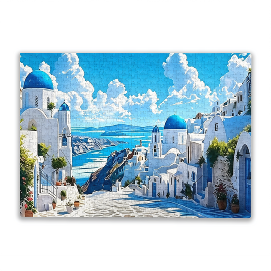 Santorini Blue Dome White Buildings Aegean Sea Scenic Puzzle