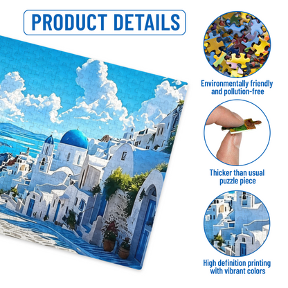Santorini Blue Dome White Buildings Aegean Sea Scenic Puzzle