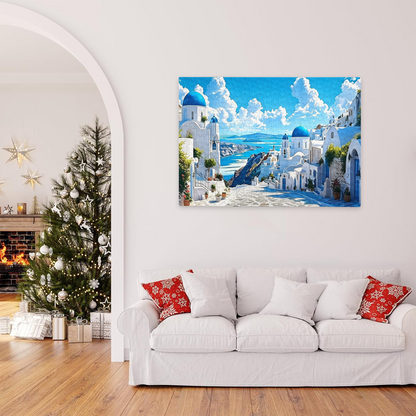 Santorini Blue Dome White Buildings Aegean Sea Scenic Puzzle