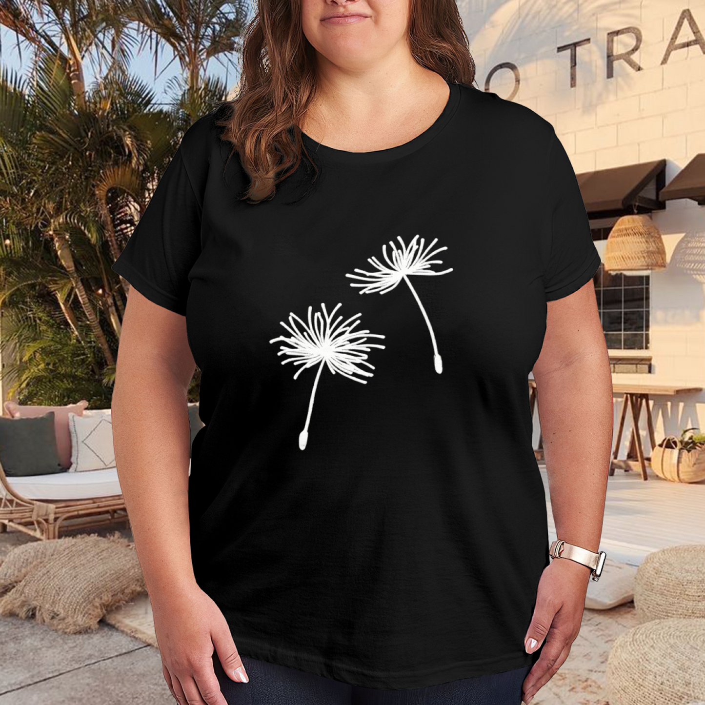 Delicate White Dandelion Seed Minimal Line Plus Size Women Printed T-Shirt