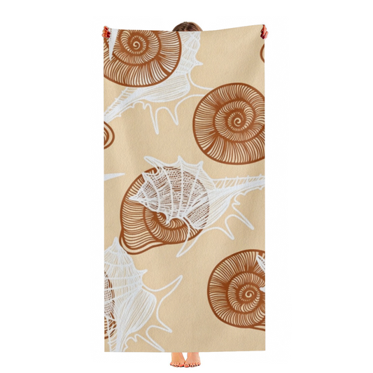 Vintage Beige Conch Spiral Shell Print Beach Towel, Smooth Soft & Instant Water Absorbing, Various Size Choices for Cozy Coastal Vacation Relaxation