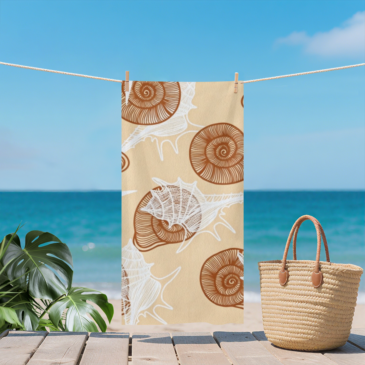 Vintage Beige Conch Spiral Shell Print Beach Towel, Smooth Soft & Instant Water Absorbing, Various Size Choices for Cozy Coastal Vacation Relaxation