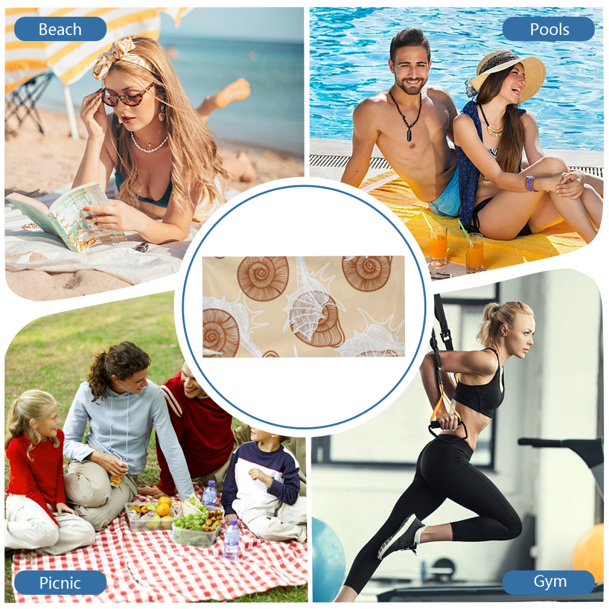 Vintage Beige Conch Spiral Shell Print Beach Towel, Smooth Soft & Instant Water Absorbing, Various Size Choices for Cozy Coastal Vacation Relaxation