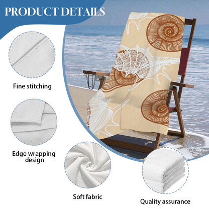 Vintage Beige Conch Spiral Shell Print Beach Towel, Smooth Soft & Instant Water Absorbing, Various Size Choices for Cozy Coastal Vacation Relaxation