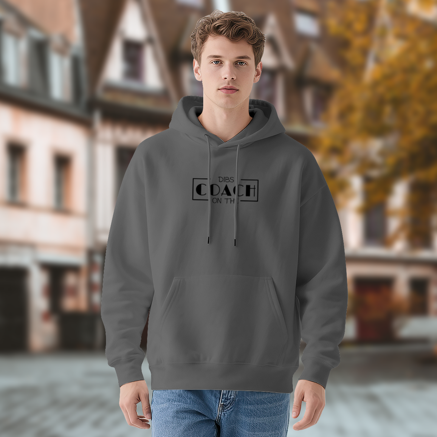 Dibs On The Coach Box Text Dark Grey Hoodie, Soft Coach Fan Relax Fit Hoodie