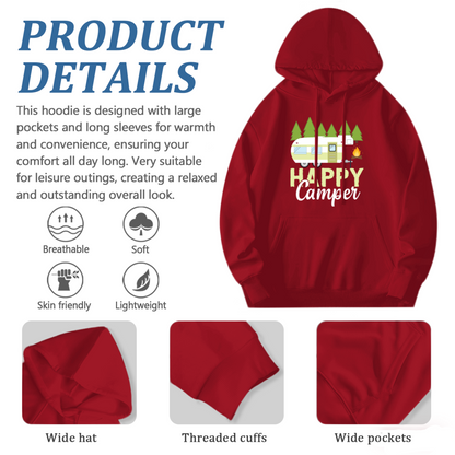 Happy Camper RV Camping Graphic Red Hoodie, Lightweight Comfort Outdoor Pullover