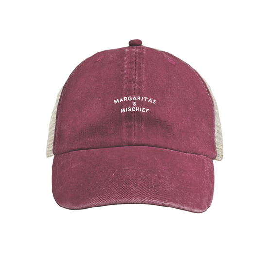 Margaritas & Mischief Burgundy Vintage Mesh Girls Trip Party Hat