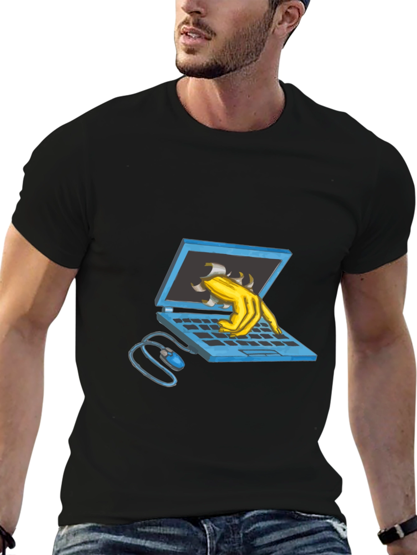 Laptop Monster Graphic Tee - Black Cotton T-Shirt