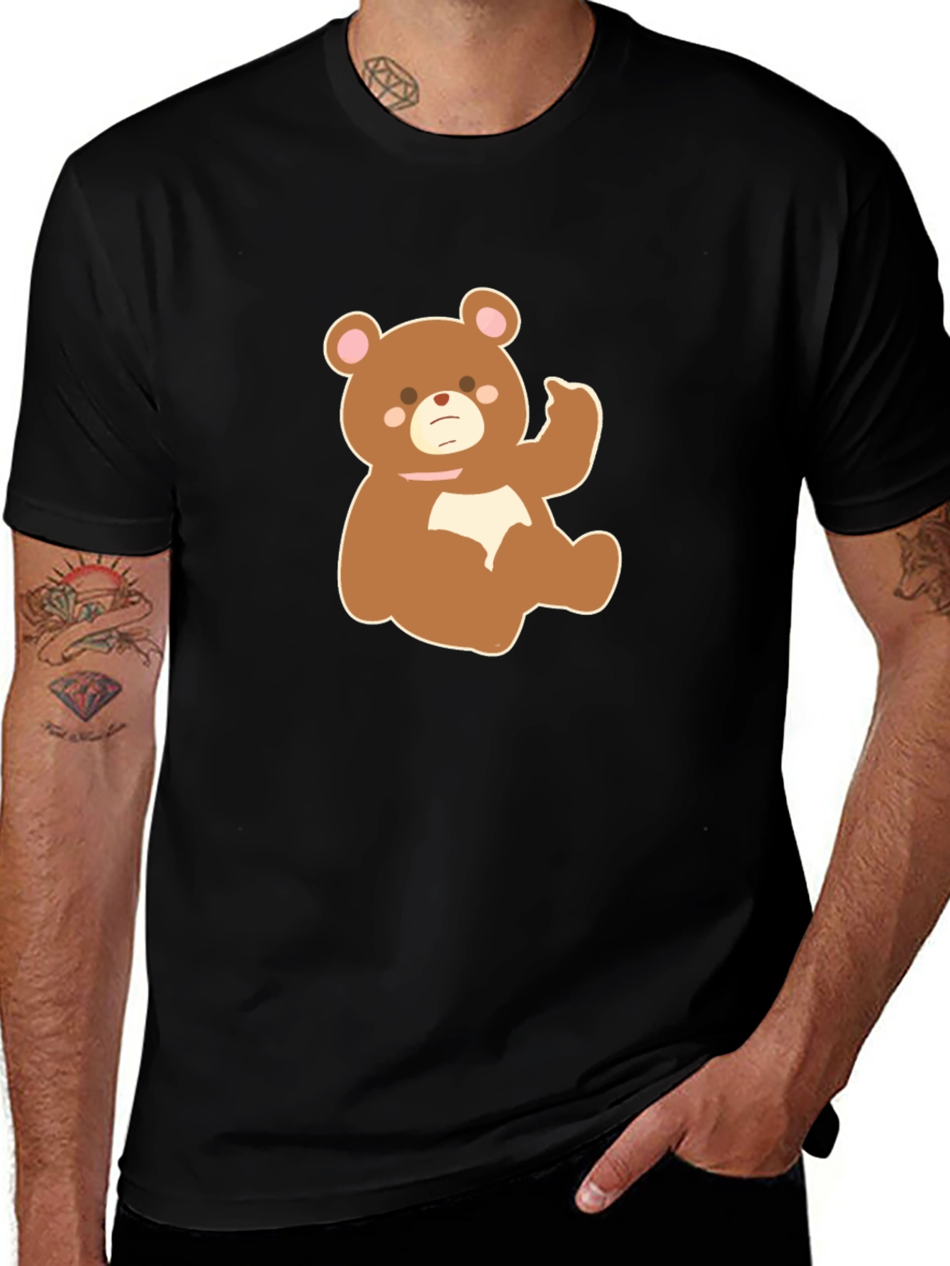 Cute Cartoon Bear Graphic Tee - Black