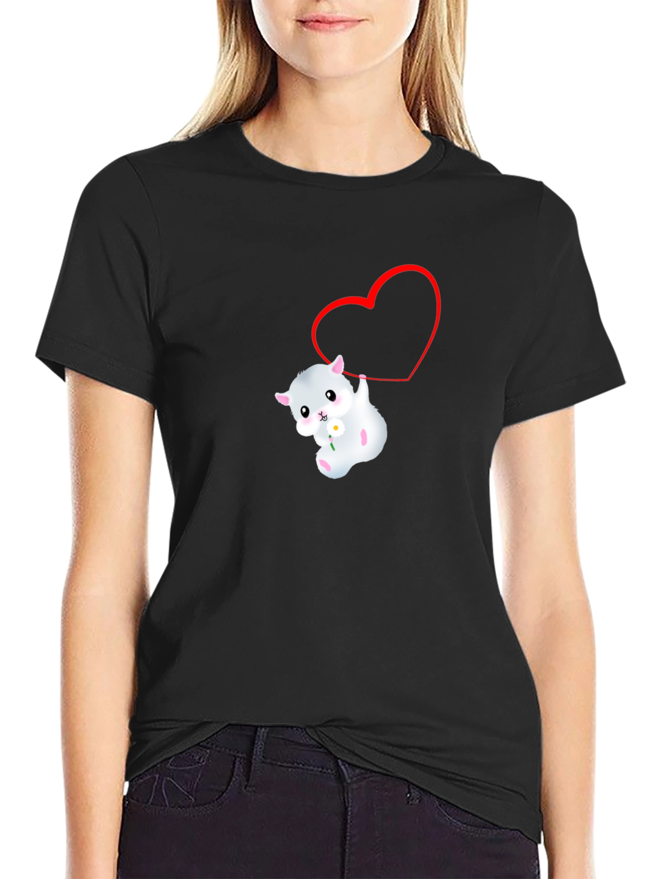 Cute Hamster Heart Graphic Black T-Shirt