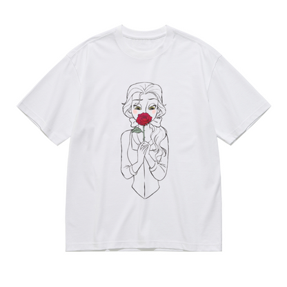 Minimal Line Art Belle Red Rose Plus Size Women T-Shirt