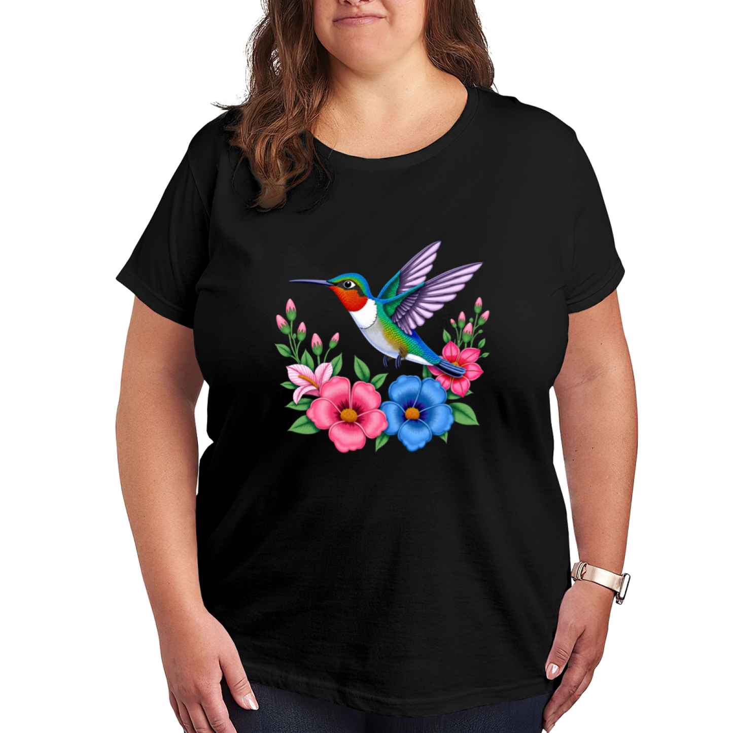 Colorful Tropical Floral Hummingbird Plus Size Women Tee