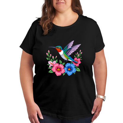 Colorful Tropical Floral Hummingbird Plus Size Women Tee