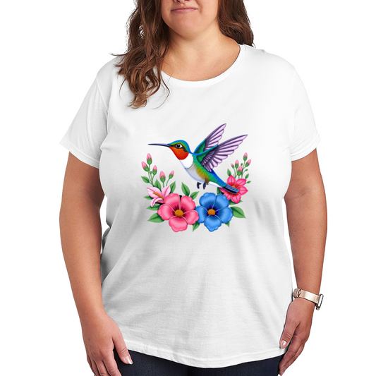Colorful Tropical Floral Hummingbird Plus Size Women Tee