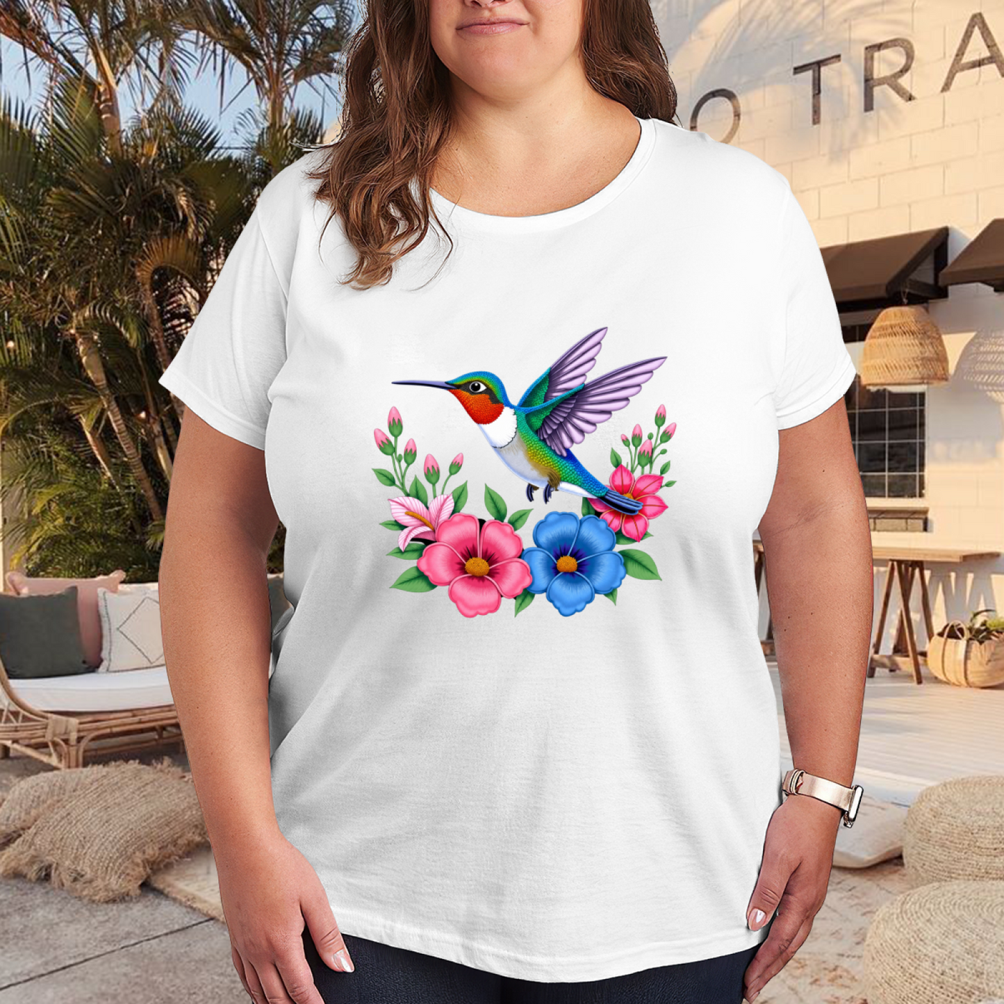 Colorful Tropical Floral Hummingbird Plus Size Women Tee