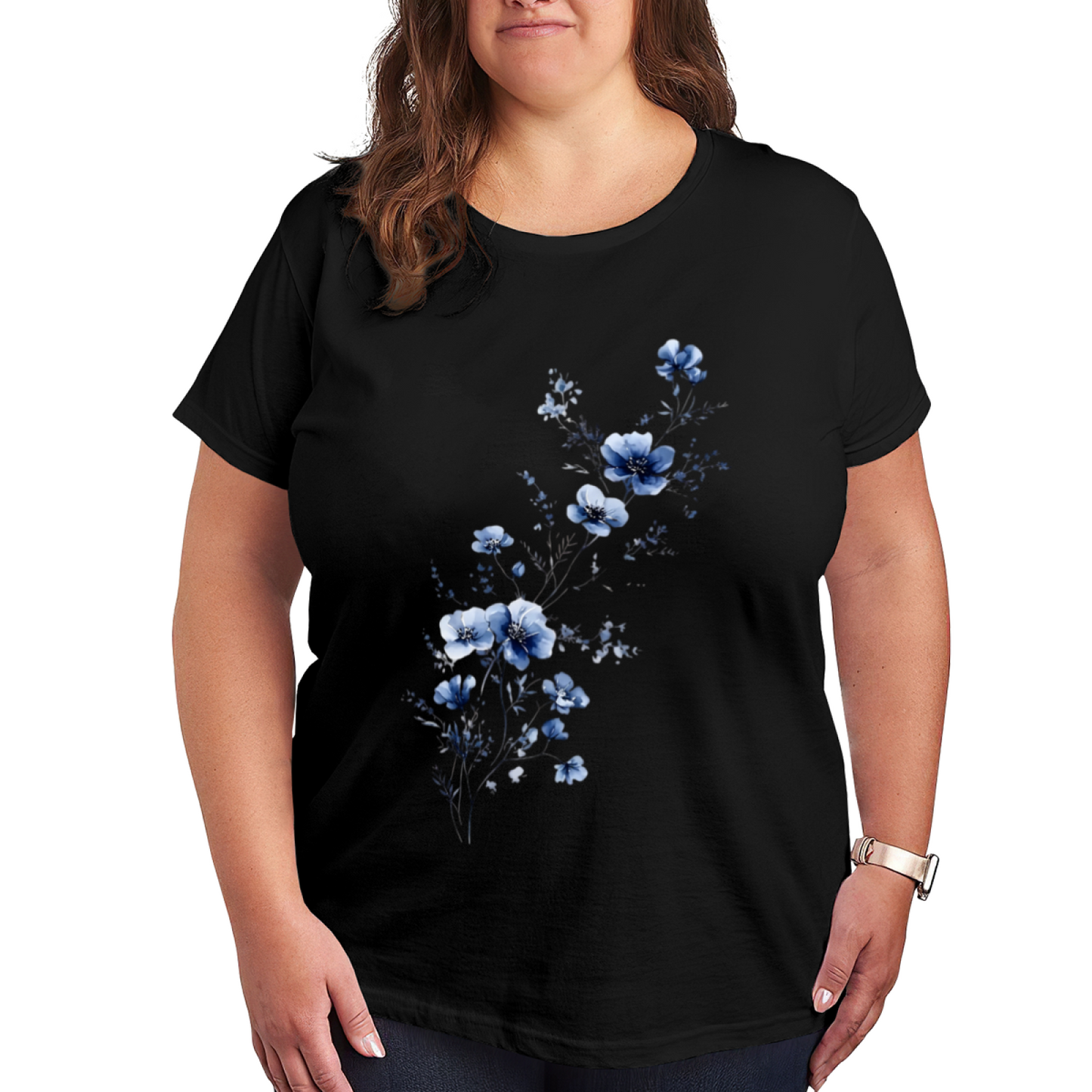 Elegant Ink Blue Watercolor Floral Curvy Ladies Tee