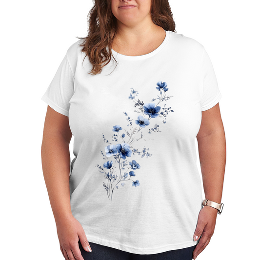 Elegant Ink Blue Watercolor Floral Curvy Ladies Tee