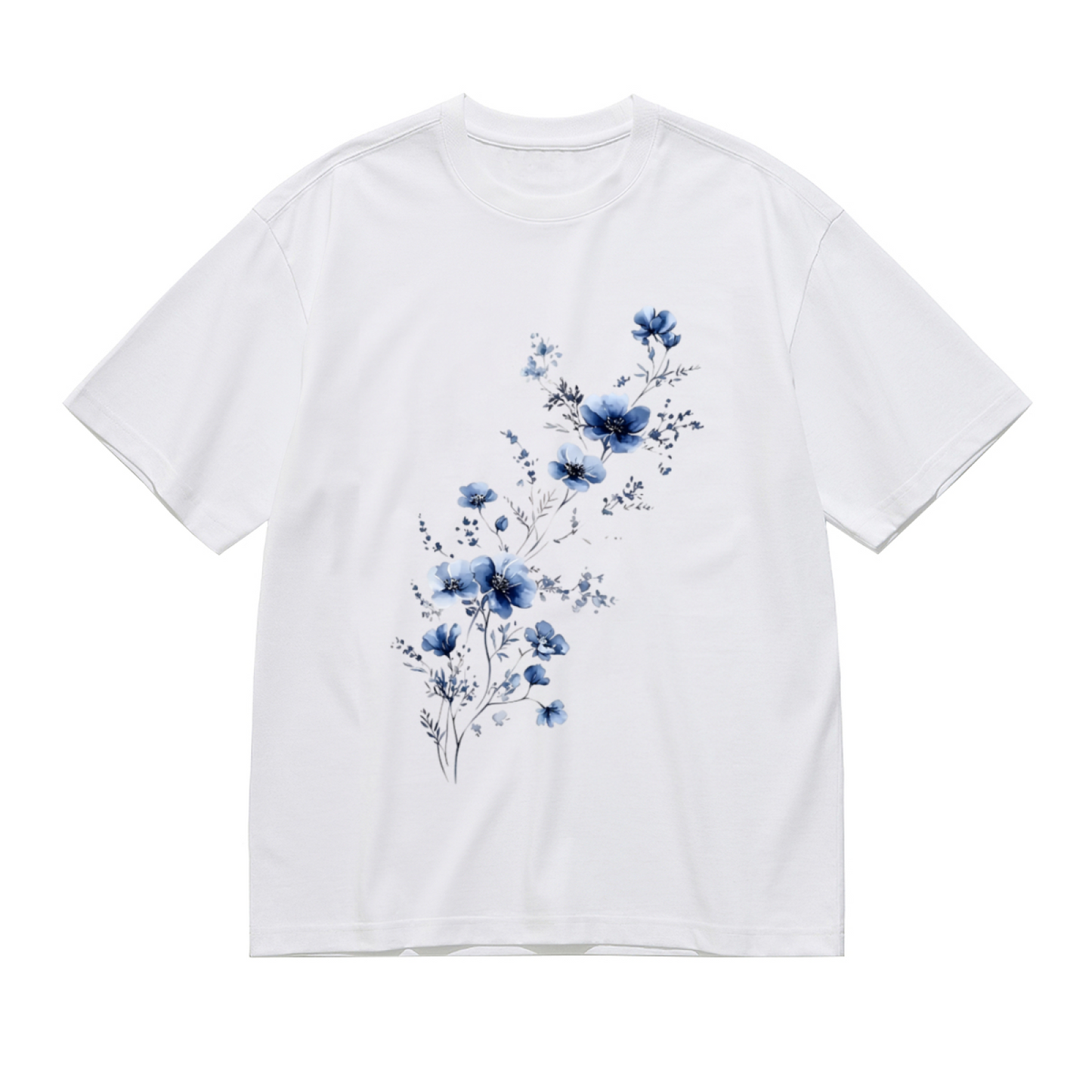 Elegant Ink Blue Watercolor Floral Curvy Ladies Tee