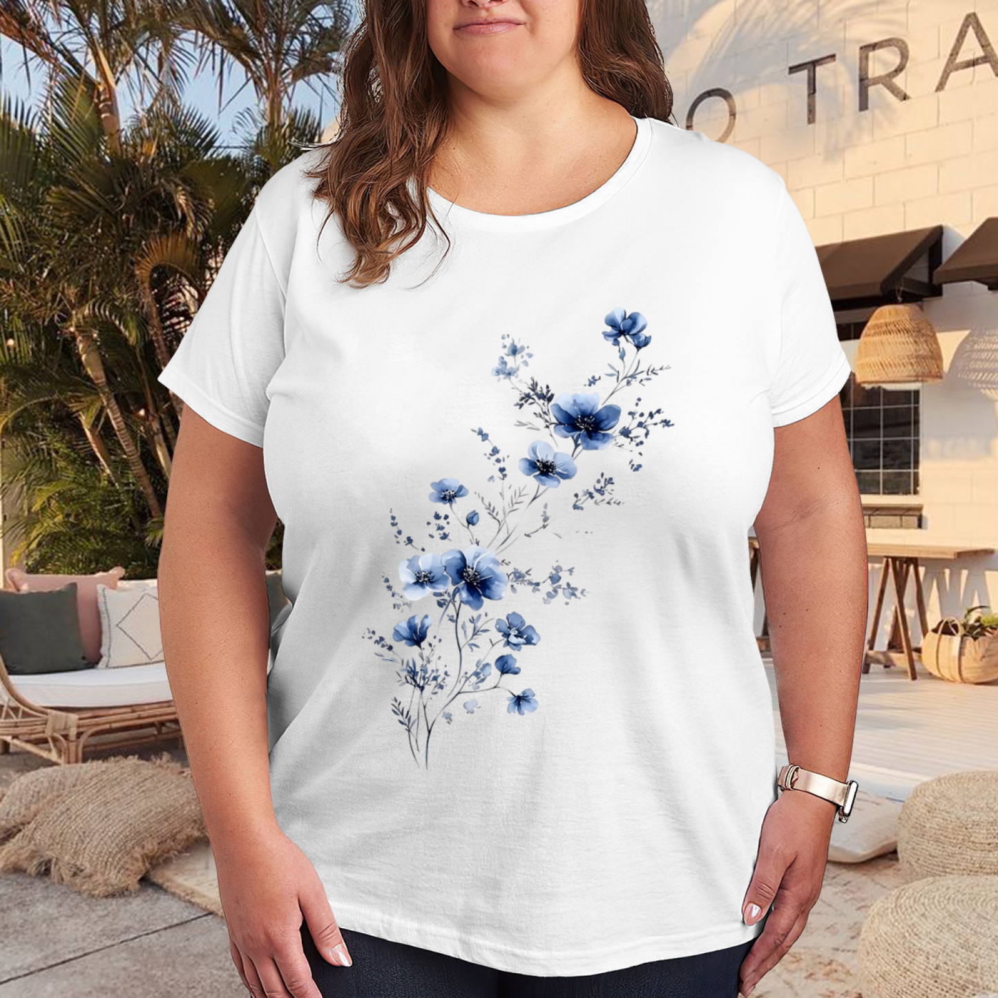 Elegant Ink Blue Watercolor Floral Curvy Ladies Tee