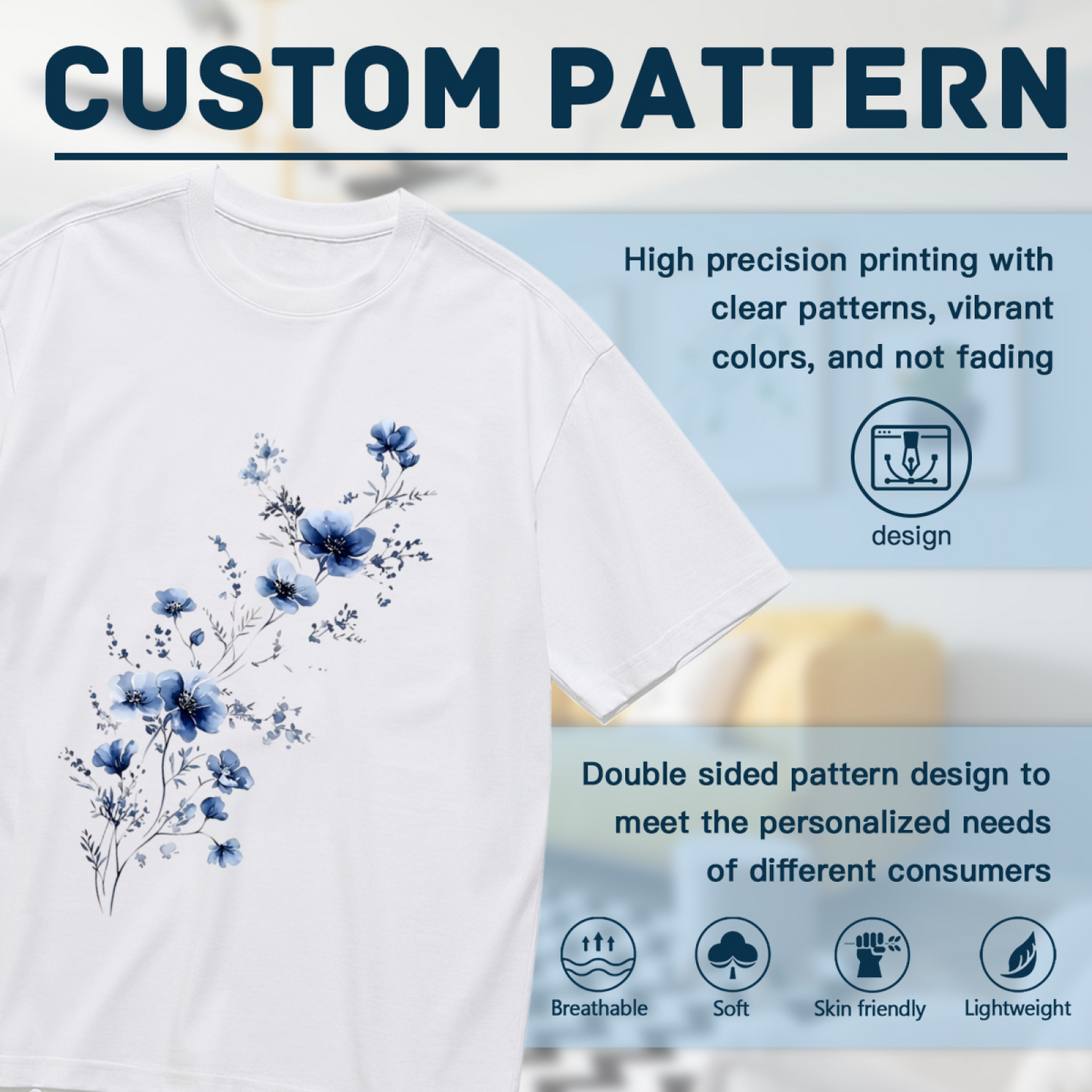 Elegant Ink Blue Watercolor Floral Curvy Ladies Tee