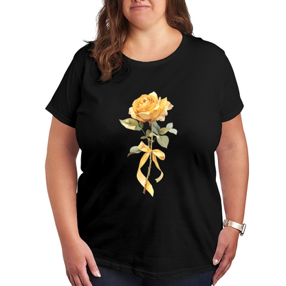 Soft Yellow Single Rose With Bow Elegant Plus Size Women¡¯s White T-Shirt