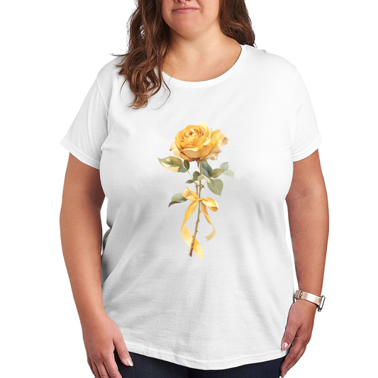 Soft Yellow Single Rose With Bow Elegant Plus Size Women¡¯s White T-Shirt