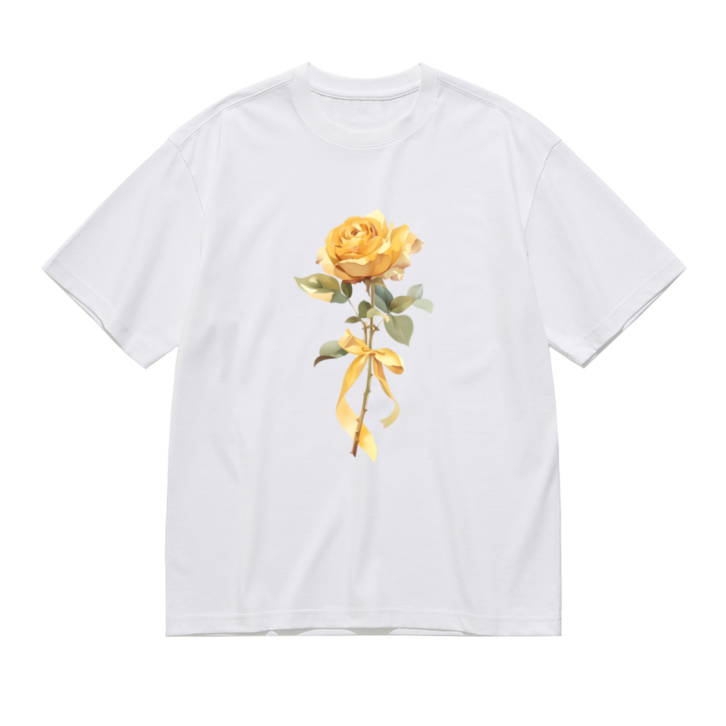 Soft Yellow Single Rose With Bow Elegant Plus Size Women¡¯s White T-Shirt