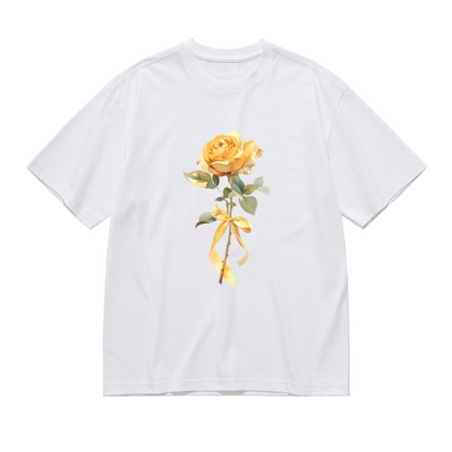 Soft Yellow Single Rose With Bow Elegant Plus Size Women¡¯s White T-Shirt
