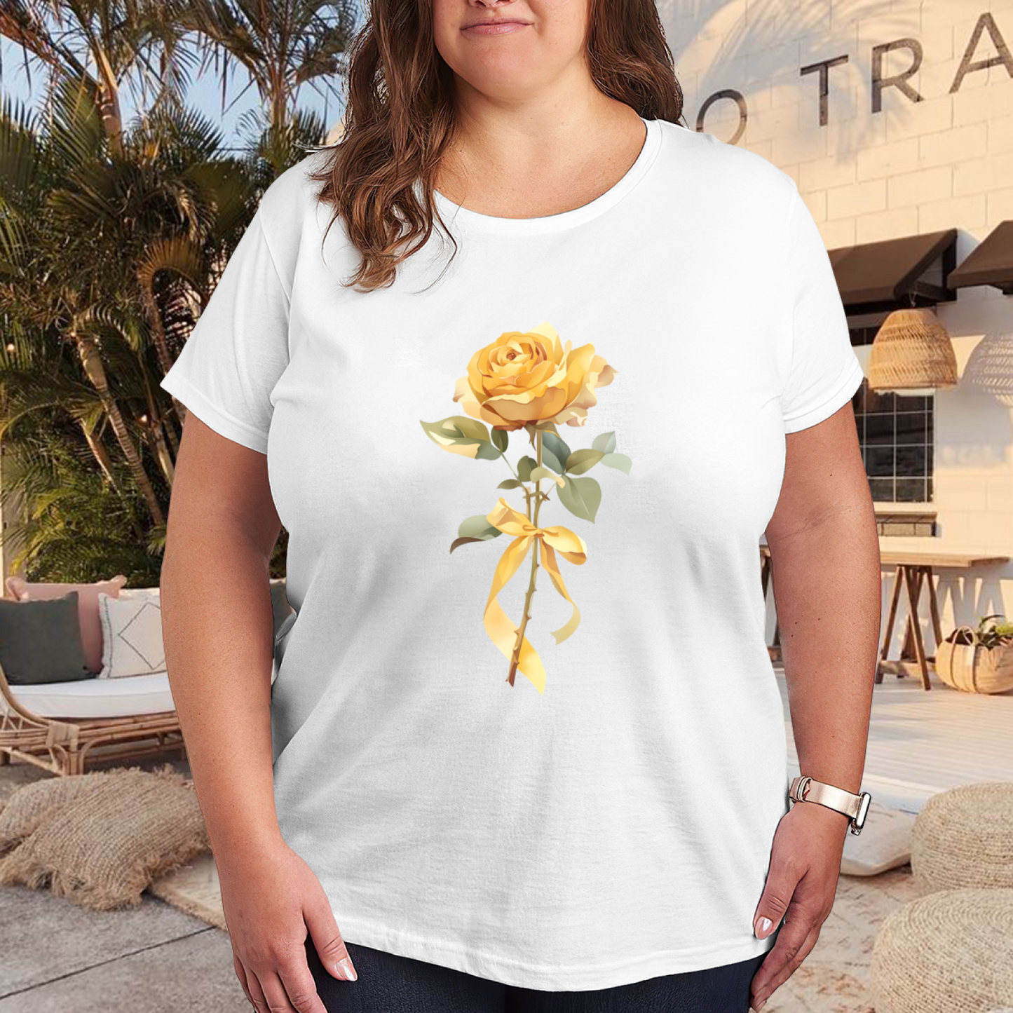 Soft Yellow Single Rose With Bow Elegant Plus Size Women¡¯s White T-Shirt