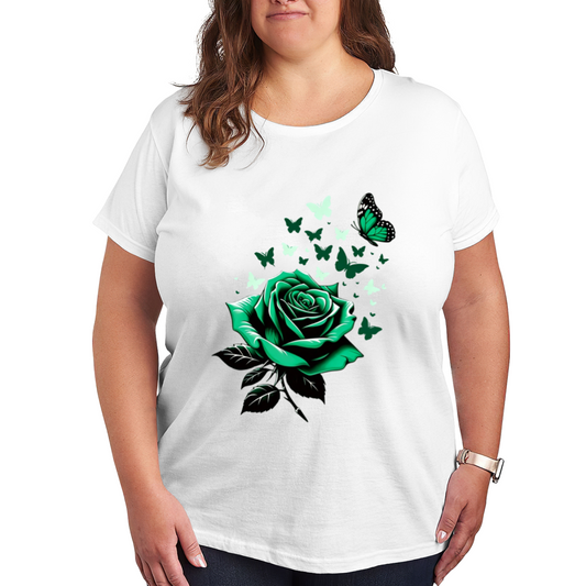 Fresh Green Rose & Floating Green Butterflies Art Print Plus Size Women Printed T-Shirt