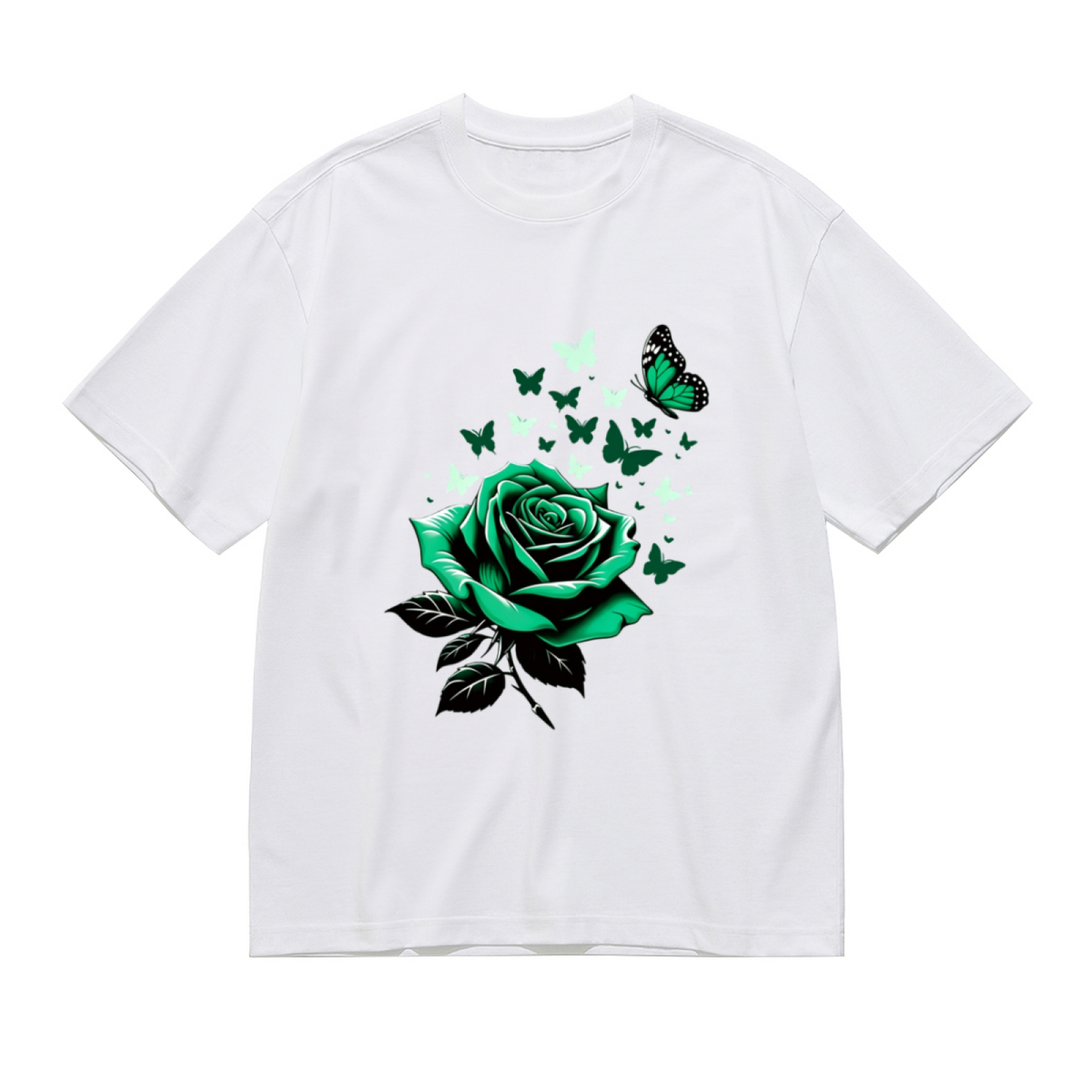 Fresh Green Rose & Floating Green Butterflies Art Print Plus Size Women Printed T-Shirt