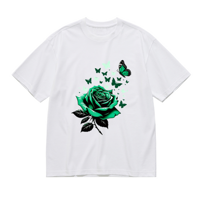 Fresh Green Rose & Floating Green Butterflies Art Print Plus Size Women Printed T-Shirt