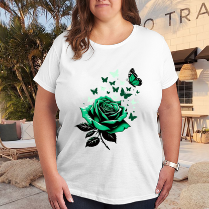 Fresh Green Rose & Floating Green Butterflies Art Print Plus Size Women Printed T-Shirt