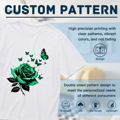 Fresh Green Rose & Floating Green Butterflies Art Print Plus Size Women Printed T-Shirt